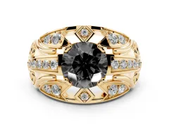 Fancy Black Round Cut Diamond Art Deco Ring Set in Yellow gold with Pavé Split Shank