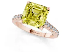 Fancy Yellow Asscher Cut Diamond Solitaire Ring Set in Rose gold with Brilliant Pavé Band and Prong Setting