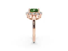 Fancy Green Princess Cut Diamond Halo Cluster Engagement Ring Set in Rose gold with Polished Band and Prong Setting