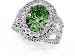 Fancy Green Oval Cut Diamond Double Halo Ring Set in White gold with Round Pavé Split Shank