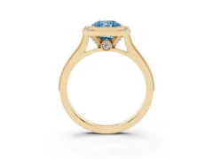 Fancy Blue Radiant Cut Diamond Halo Milgrain Pavé Band Ring Set in Yellow gold with Prong Setting
