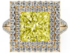 Fancy Yellow Princess Cut Diamond Double Halo Ring Set in Yellow gold with Pavé Band