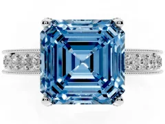 Fancy Blue Asscher Cut Diamond Solitaire Ring Set in Platinum with Milgrain-Edged Pavé Band and Prong Setting