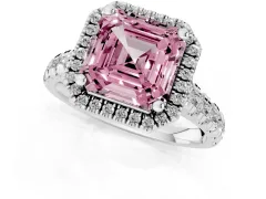 Fancy Pink Asscher Cut Diamond Halo Engagement Ring Set in Silver with Pavé Band and Prong-Set Center