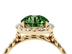 Fancy Green Round Cut Diamond Halo Ring Set in Yellow gold with Plain Twisted Band