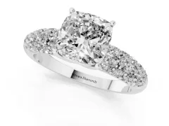 Cushion Cut Diamond Pavé Band Solitaire Ring Set in Platinum with Close-Set Accent Stones and Prong Setting