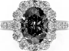 Fancy Black Oval Cut Diamond Halo Pavé Engagement Ring Set in Silver with Milgrain Detailing