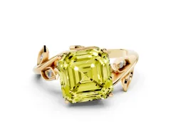 Fancy Yellow Asscher Cut Diamond Solitaire Twist Engagement Ring Set in Yellow gold with Pavé Leaf Accents