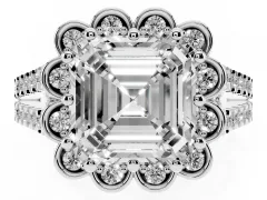 Asscher Cut Diamond Floral Halo Split Shank Engagement Ring Set in Platinum with Pavé Shank
