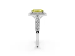 Fancy Yellow Emerald Cut Diamond Milgrain Halo Solitaire Ring Set in Platinum with Bezel Set Side Stones and Pavé Band