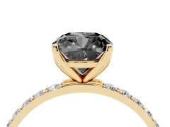 Fancy Black Cushion Cut Diamond Solitaire Engagement Ring Set in Yellow gold with Round Pavé Band and Prong Setting