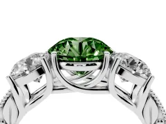 Fancy Green Round Cut Diamond Three-Stone Engagement Ring Set in Silver with Milgrain Pavé Band
