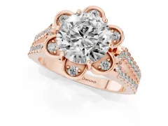 Round Cut Diamond Floral Halo Split Shank Engagement Ring Set in Rose gold with Pavé Shank