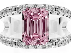 Fancy Pink Emerald Cut Diamond Split Shank Pavé Solitaire Ring Set in Platinum with Open Shank Design