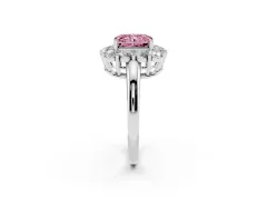 Fancy Pink Radiant Cut Diamond Halo Cluster Engagement Ring Set in White gold with Polished Band and Prong Setting