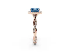 Fancy Blue Asscher Cut Diamond Halo Twist Band Solitaire Ring Set in Rose gold with Prong Setting