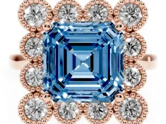 Fancy Blue Asscher Cut Diamond Cluster Halo Ring Set in Rose gold with Milgrain Bezel Accents and Plain Band
