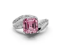 Fancy Pink Asscher Cut Diamond Solitaire Ring Set in Platinum with Layered Twist Pavé Band