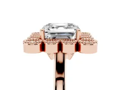Asscher Cut Diamond Cluster Halo Ring Set in Rose gold with Milgrain Bezel Accents and Plain Band