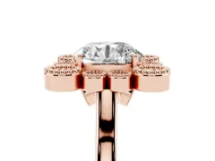 Round Cut Diamond Cluster Halo Ring Set in Rose gold with Milgrain Bezel Accents and Plain Band