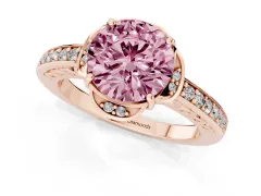 Fancy Pink Round Cut Diamond Halo Ring Set in Rose gold with Channel Set Band and Prong Setting