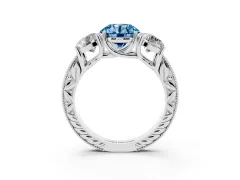 Fancy Blue Round Cut Diamond Three-Stone Engagement Ring Set in Silver with Milgrain Pavé Band