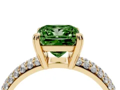 Fancy Green Princess Cut Diamond Solitaire Ring Set in Yellow gold with Multi-Row Round Pavé Band and Prong Setting