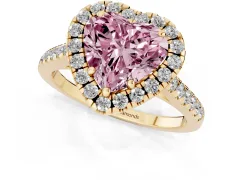 Fancy Pink Heart Cut Diamond Pavé Halo Engagement Ring Set in Yellow gold with Pavé Band and Prong Setting