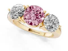 Fancy Pink Round Cut Diamond Three-Stone Ring Set in Yellow gold with Prong Setting and Plain Band