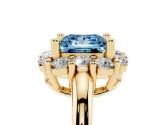 Fancy Blue Princess Cut Diamond Halo Cluster Engagement Ring Set in Yellow gold with Polished Band and Prong Setting