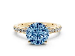 Fancy Blue Round Cut Diamond Pavé Solitaire Ring Set in Yellow gold with Round Band Accents and Prong Setting