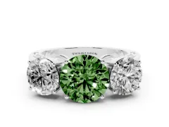 Fancy Green Round Cut Diamond Three-Stone Ring Set in Platinum with Textured Band