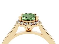 Fancy Green Pear Cut Diamond Halo Engagement Ring Set in Yellow gold with Pavé Band and Rising Shoulders