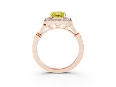 Fancy Yellow Radiant Cut Diamond Halo Engagement Ring Set in Rose gold with Twisted Band and Prong Setting