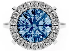 Fancy Blue Round Cut Diamond Cluster Halo Solitaire Ring Set in Platinum with Prong Setting
