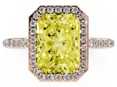 Fancy Yellow Radiant Cut Diamond Halo Engagement Ring Set in Rose gold with Round Pavé Shoulders and Heart Gallery