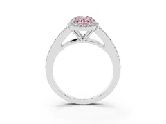 Fancy Pink Oval Cut Diamond Halo Split Shank Pavé Ring Set in White gold with Prong Setting