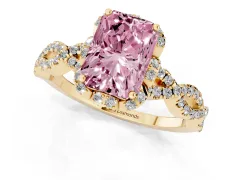 Fancy Pink Radiant Cut Diamond Halo Twist Band Solitaire Ring Set in Yellow gold with Prong-Set Center Stone