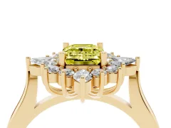Fancy Yellow Emerald Cut Diamond Cluster Halo Ring Set in Yellow gold with Marquise and Round Accents