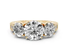 Round Cut Diamond Three-Stone Engagement Ring Set in Yellow gold with Milgrain Pavé Band