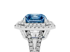 Fancy Blue Asscher Cut Diamond Double Halo Ring Set in Silver with Pavé Band
