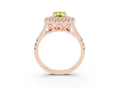 Fancy Yellow Emerald Cut Diamond Double Halo Ring Set in Rose gold with Pavé Split Shank and Prong Setting