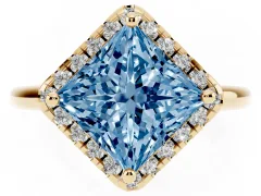 Fancy Blue Princess Cut Diamond Halo Engagement Ring Set in Yellow gold with Pavé Band and Rising Shoulders