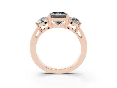 Fancy Black Princess Cut Diamond Three-Stone Ring Set in Rose gold with Round Side Stones and Classic Band