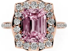 Fancy Pink Emerald Cut Diamond Halo Ring Set in Rose gold with Pavé-Lined Shoulders and Prong Setting