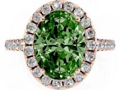 Fancy Green Oval Cut Diamond Pavé Halo Engagement Ring Set in Rose gold with Pavé Band and Prong Setting