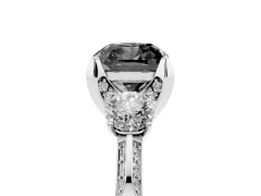 Fancy Black Cushion Cut Diamond Three-Stone Ring Set in Platinum with Pavé Band and Smaller Side Stones