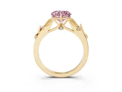 Fancy Pink Heart Cut Diamond Solitaire Ring Set in Yellow gold with Leaf Motif Band