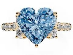 Fancy Blue Heart Cut Diamond Three-Stone Pavé Ring Set in Yellow gold with Prong Setting