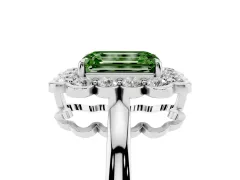 Fancy Green Emerald Cut Diamond Halo Cluster Engagement Ring Set in White gold with Solitaire Band and Prong Setting